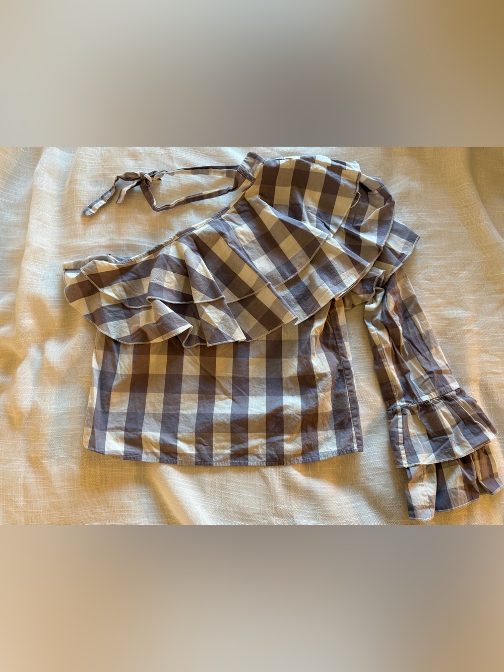Walter Baker Diana One Shoulder Gingham Ruffle Top Taupe Size S